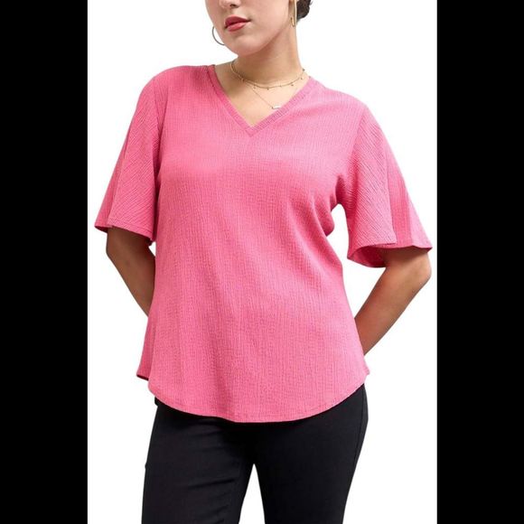 DG2 by Diane Gilman Women's Plissé Knit Flutter-Sleeve VNeck Top Rose - Regular - Picture 1 of 1